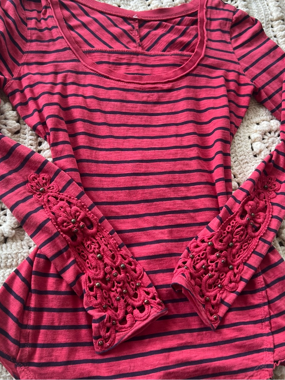 Free People Striped Red and Blue Long Sleeve Top with Embroidered Cuffs